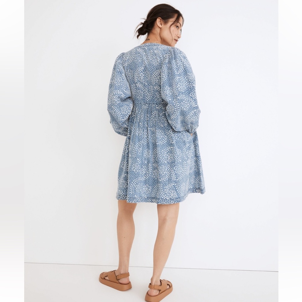 Madewell Indigo Block Print Button Front Balloon Sleeve Mini Dress, Size S - Picture 2 of 6
